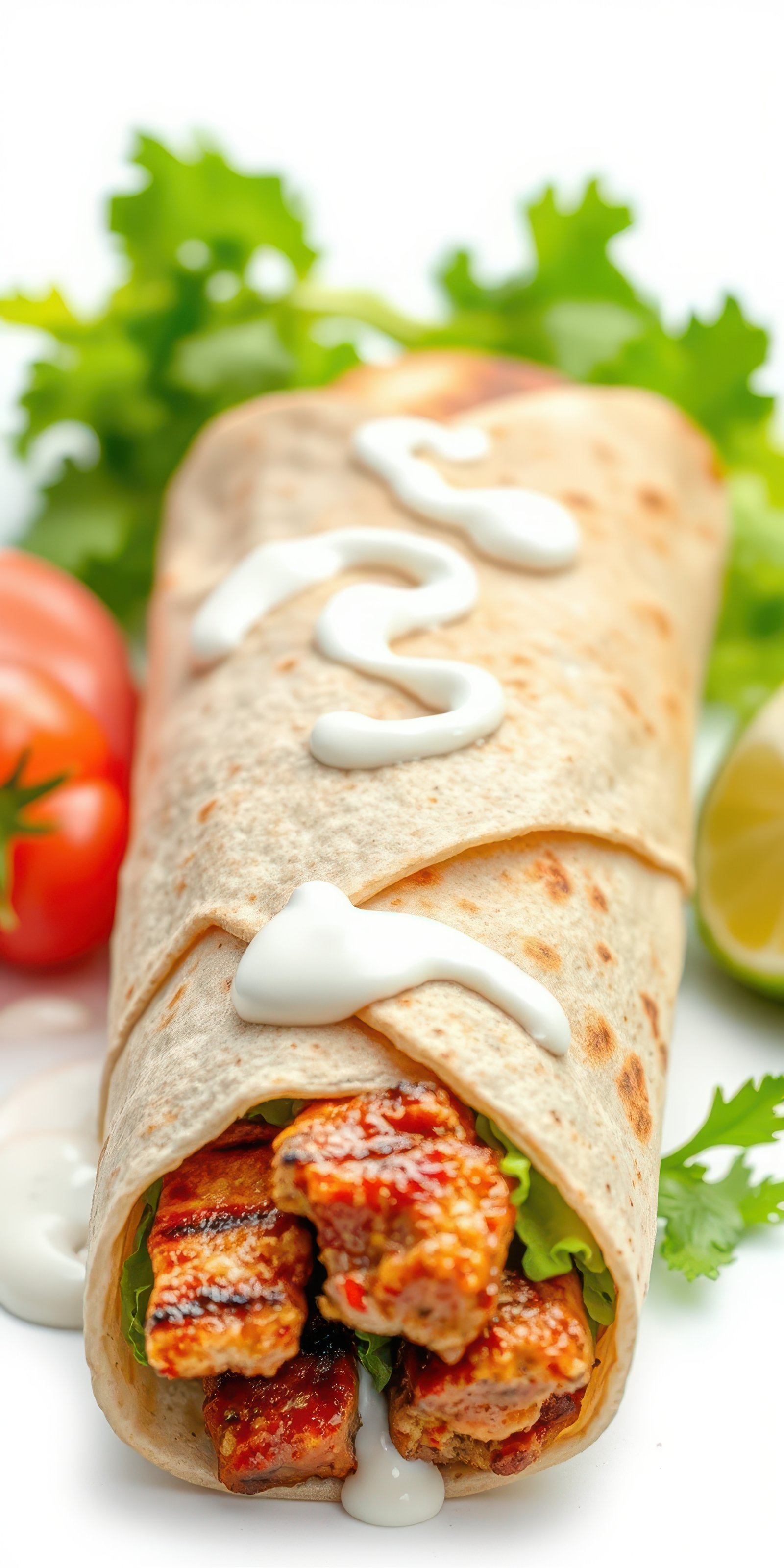Grilled chicken wrap with vegetables and sauce on a light background featuring fresh ingredients